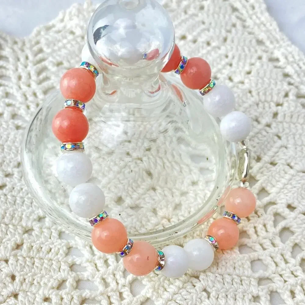 Glass Beaded Stretch Bracelet Pink White Bling